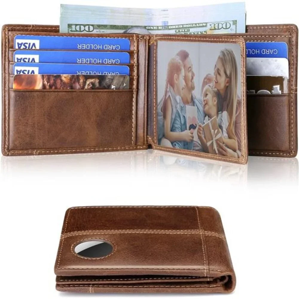 AirTag Wallet Mens RFID Blocking Genuine Bifold Leather Wallets